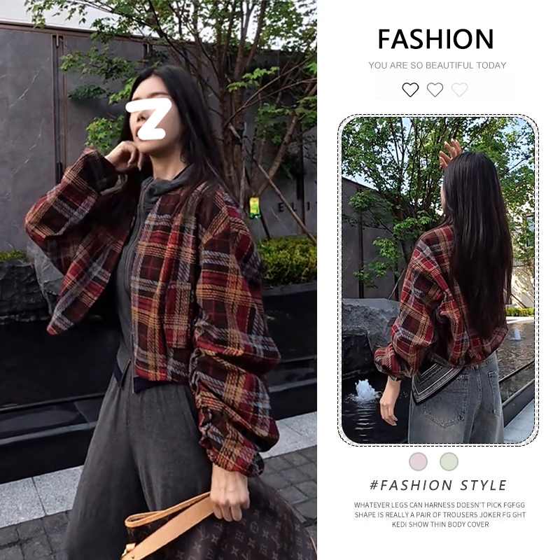 复古格子短款外套女秋季2025新款韩系穿搭休闲宽松小个子夹克上衣