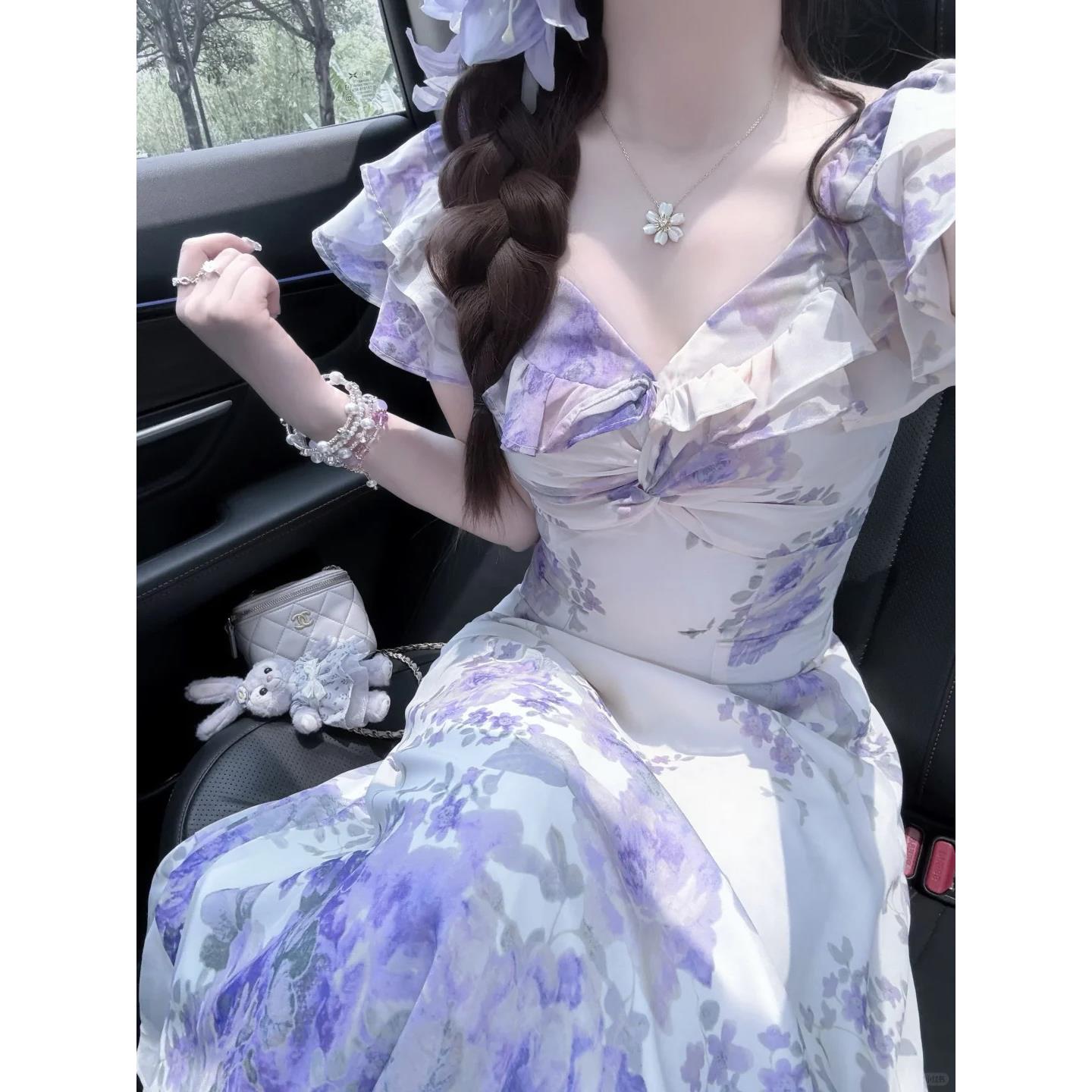 法式紫色碎花洋装女夏2025新款小个子高级感气质收腰雪纺长裙