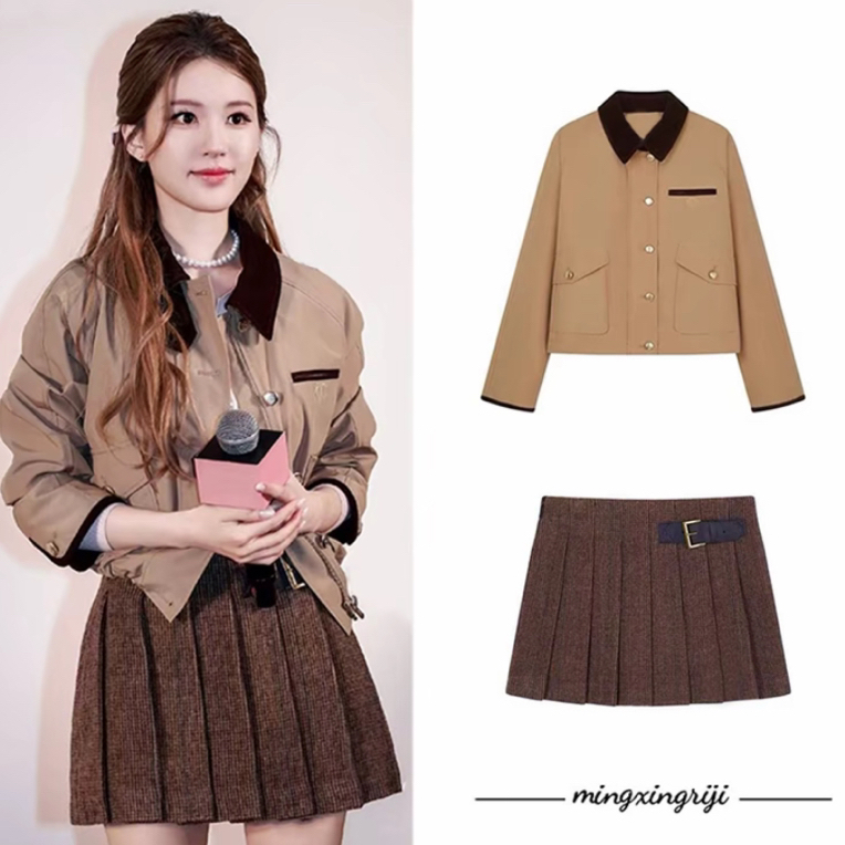 赵露思同款卡其色翻领夹克外套2025早秋新款美式复古校园风短上衣