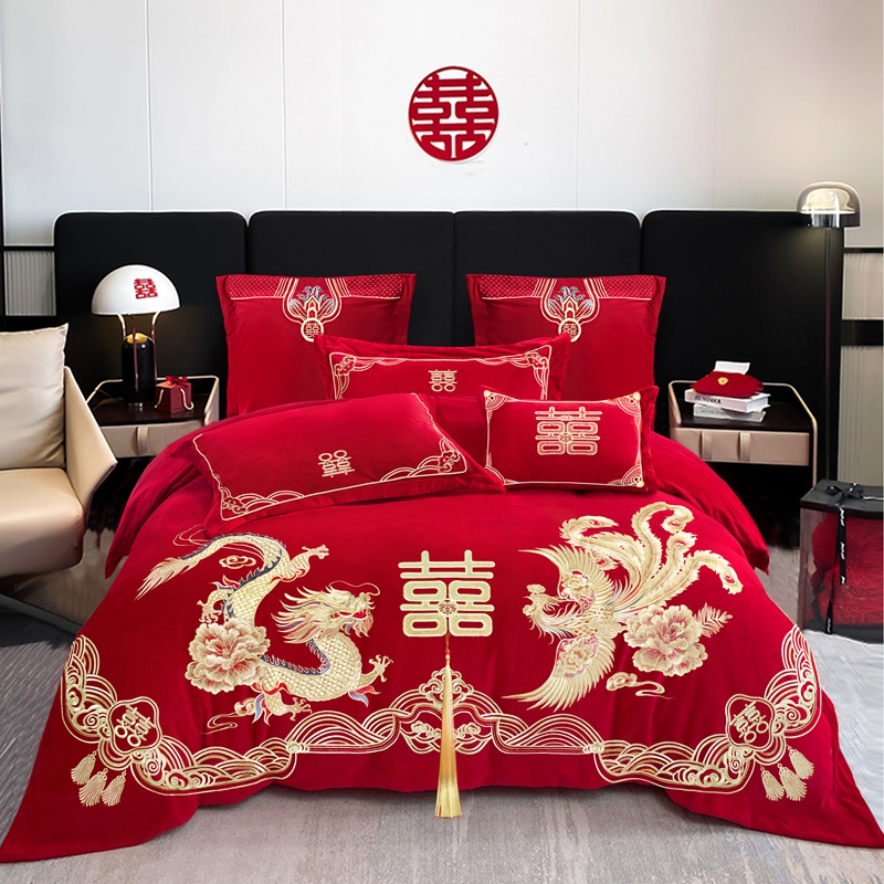 中式婚房冬季加绒加厚牛奶绒刺绣保暖婚庆双面绒床上用品绣花防寒