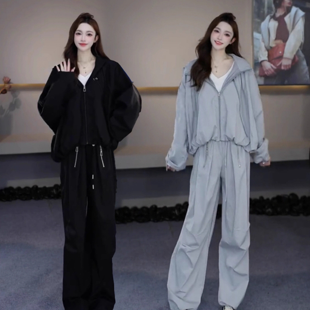 炸街宽松休闲运动套装女春秋新款纯色连帽外套慵懒工装裤两件套飒