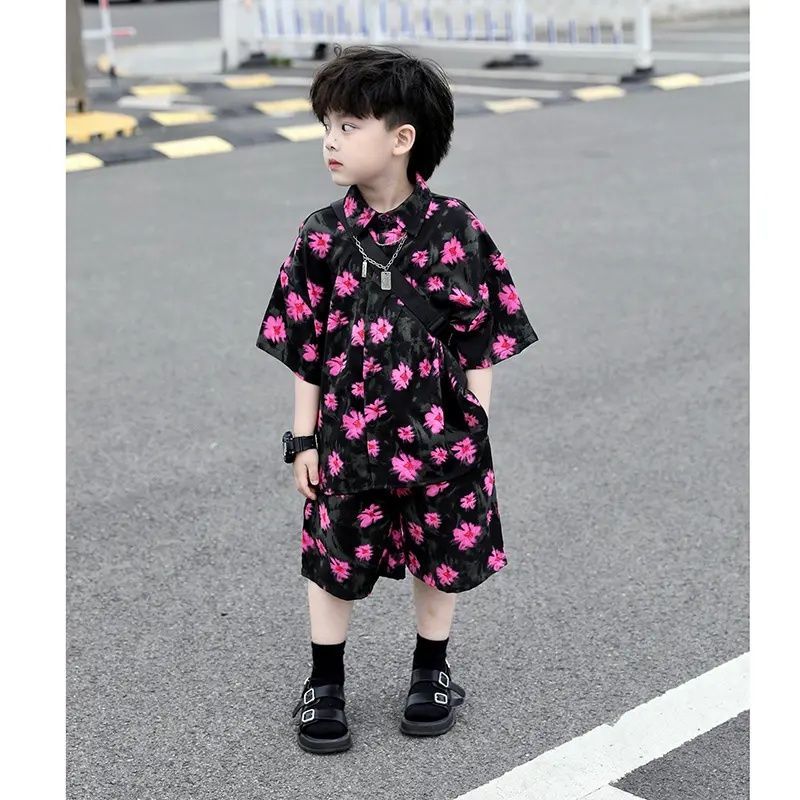 【花花少爷】2025夏季新款儿童冰感潮酷爽滑短袖衬衫短裤套装