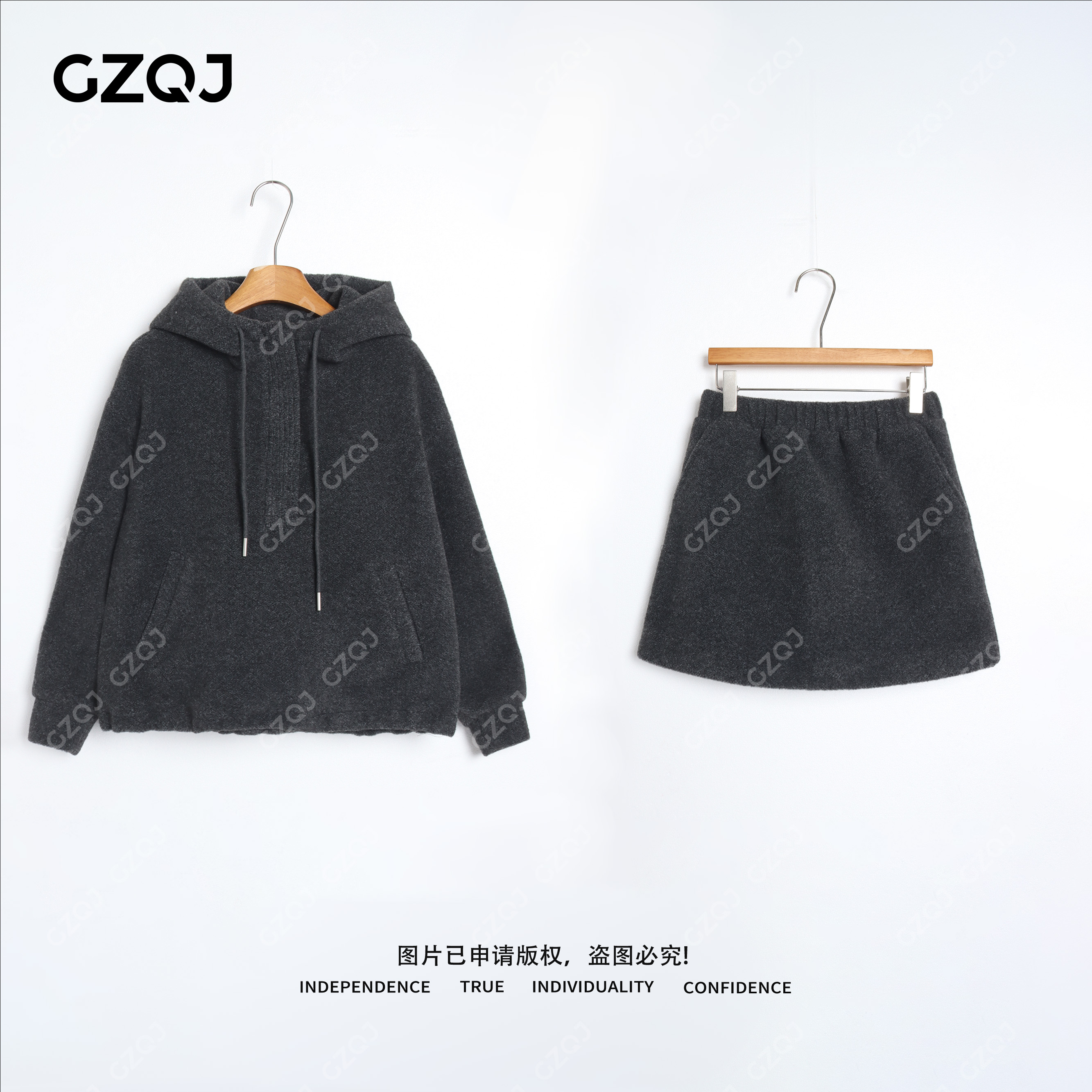老琴私服【懒人救星】加厚半拉链连帽上衣+半身短裙子套装女冬 8898