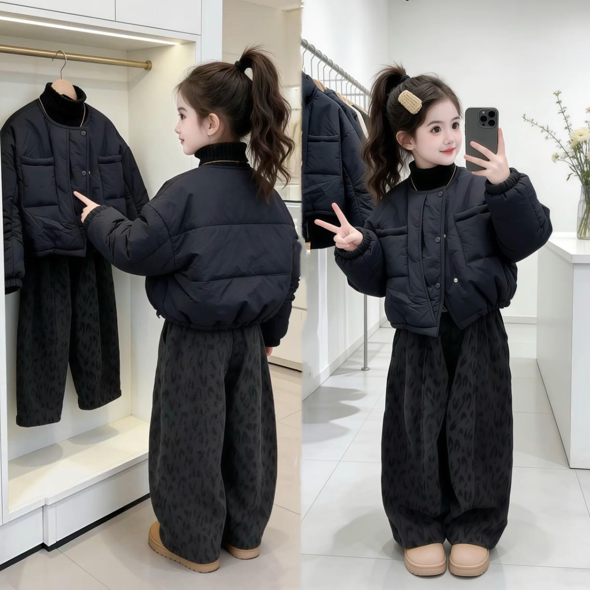 女童秋冬新款儿童冬季韩范棉服外套加绒豹纹裤时尚百搭两件套潮