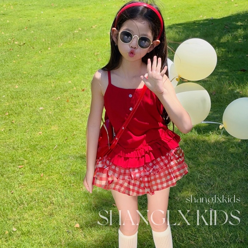 女童又a又飒穿搭红色吊带格子蛋糕裙子套装夏季2025新款儿童夏装