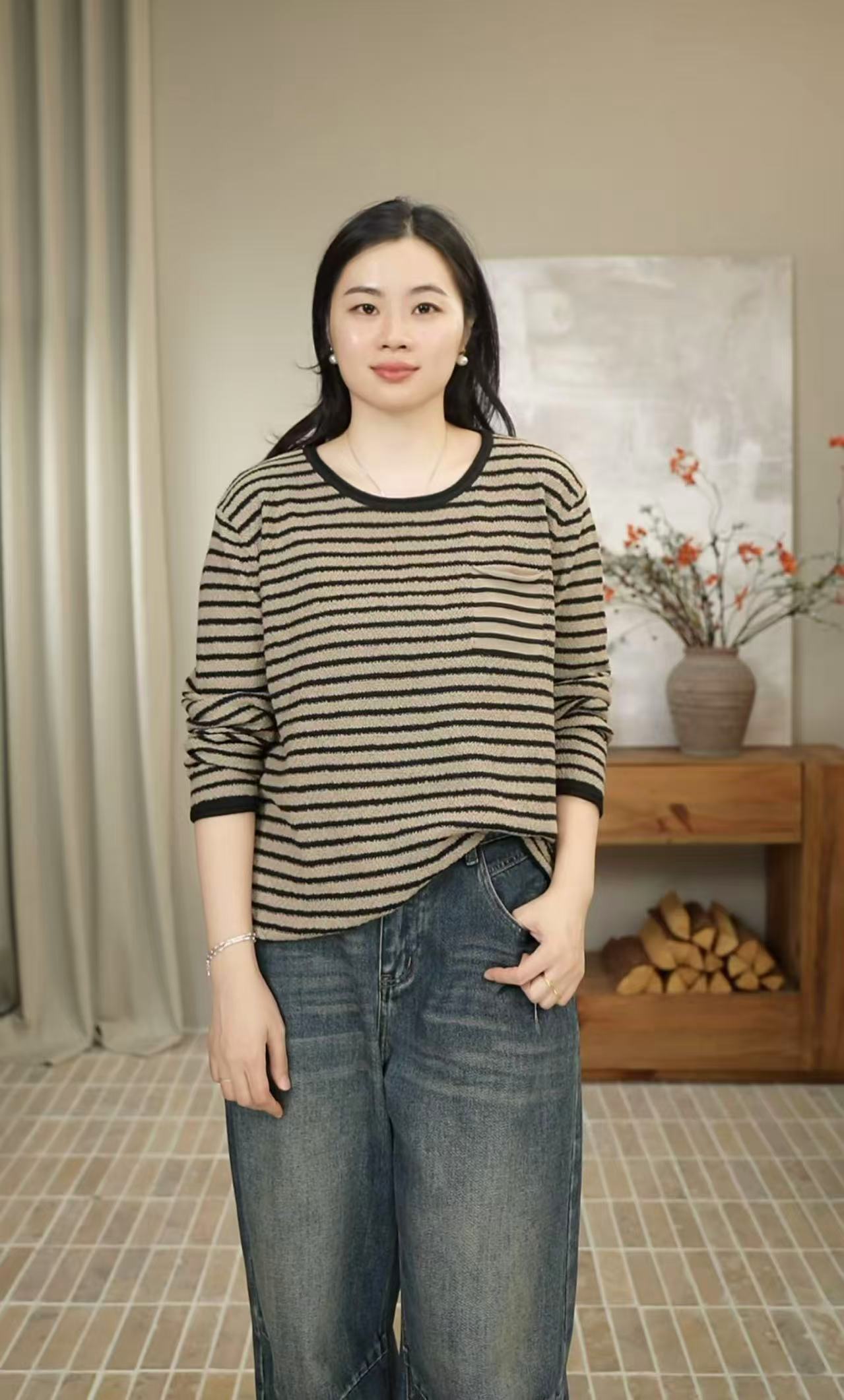 九月JIUYUE 秋冬复古休闲休闲宽松毛线条纹针织衫毛衣女 9527