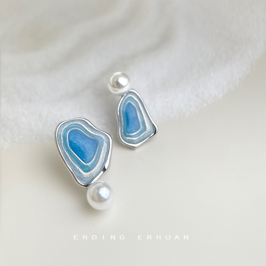 925银珐琅耳饰 【海洋系列】设计师款银针珐琅滴釉不对称原创耳饰