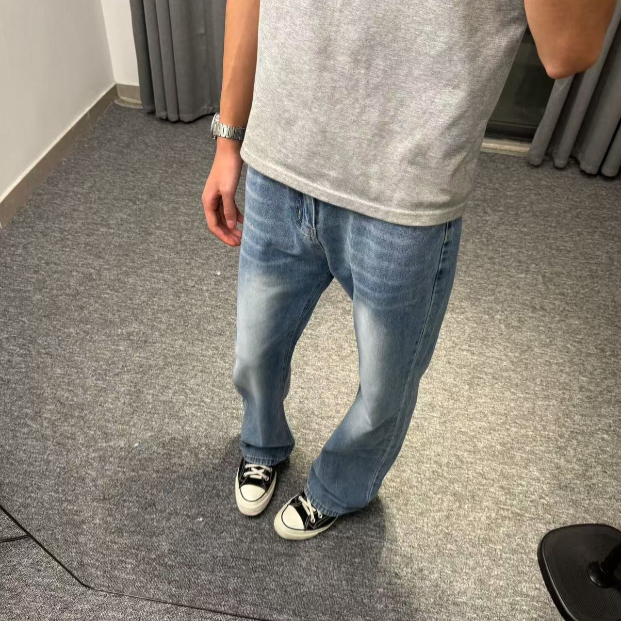 「RONEK」正品！cleanfit蓝色牛仔裤直筒水洗微喇修身显瘦牛仔裤男款