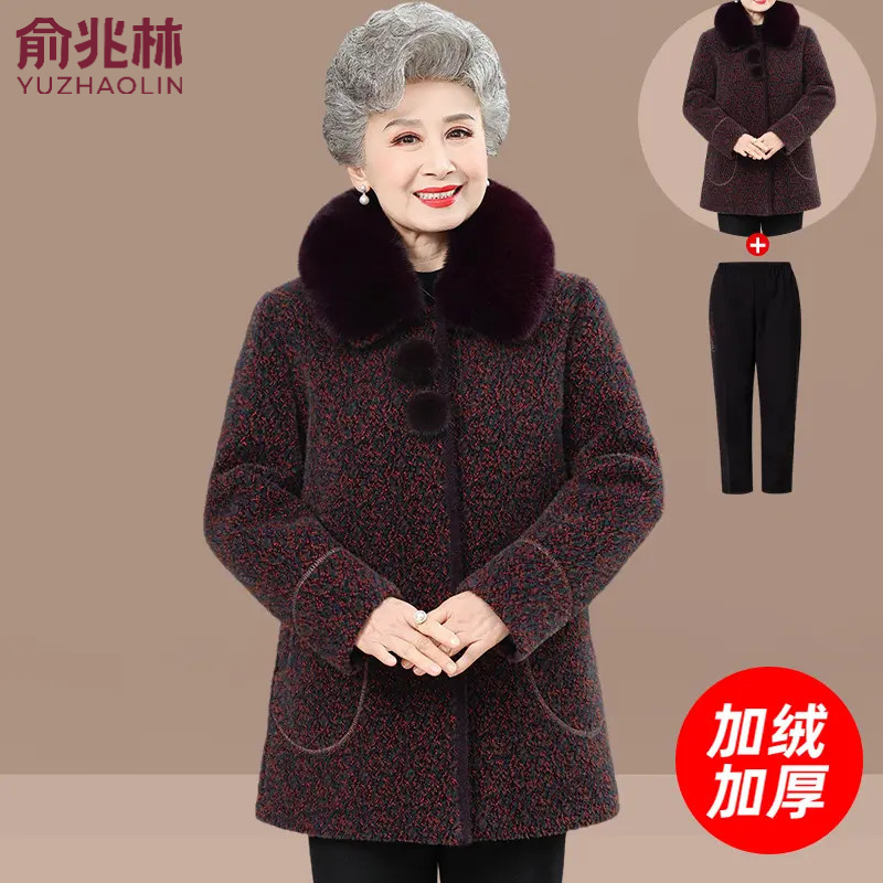俞兆林水貂绒毛领保暖中年妈妈装加绒加厚大衣冬装新款外套奶奶装