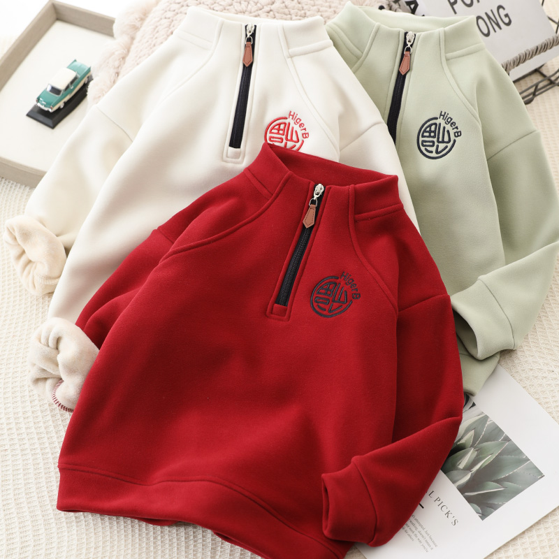 儿童福字半拉链卫衣冬季2026新款加绒加厚中大童保暖立领拜年服