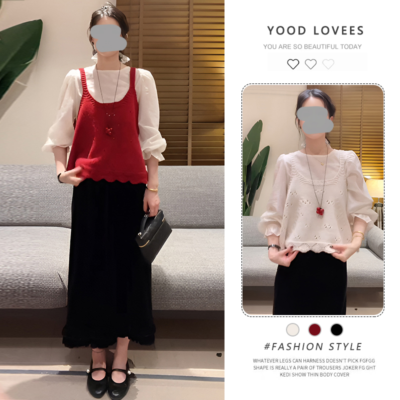 独特超好看套装女2025春秋新款镂空针织背心叠穿衬衫半身裙三件套