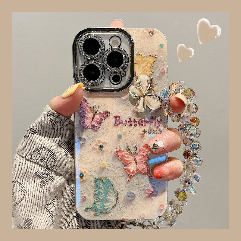 卡斐尔适用立体蝴蝶苹果16ProMax手机壳14手链15全包13油画17防摔