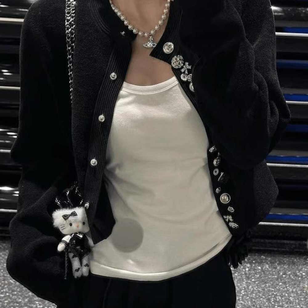 法式黑色针织开衫外套女2025年春季小个子高级感气质名媛短款上衣