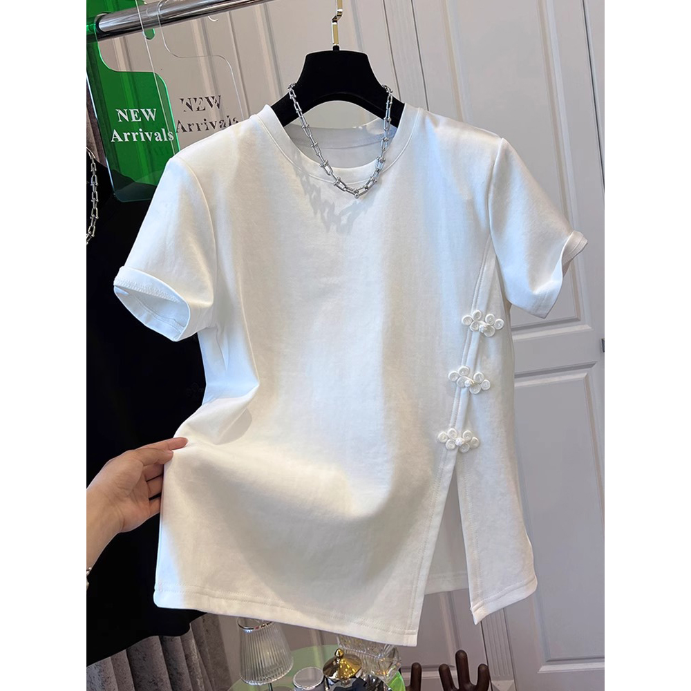 胖妹妹240斤大码新中式纯棉盘扣开叉短袖上衣女夏季宽松不规则T恤