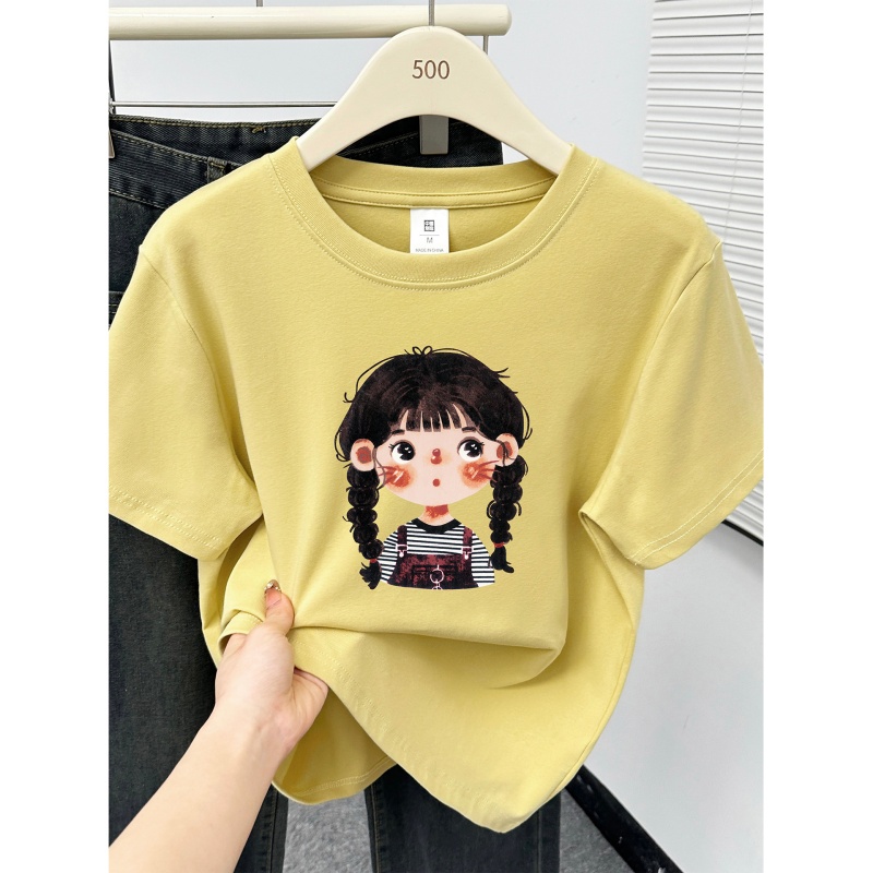 姜黄色圆领正肩短袖t恤女韩系卡通女孩印花胖MM大码百搭半袖上衣