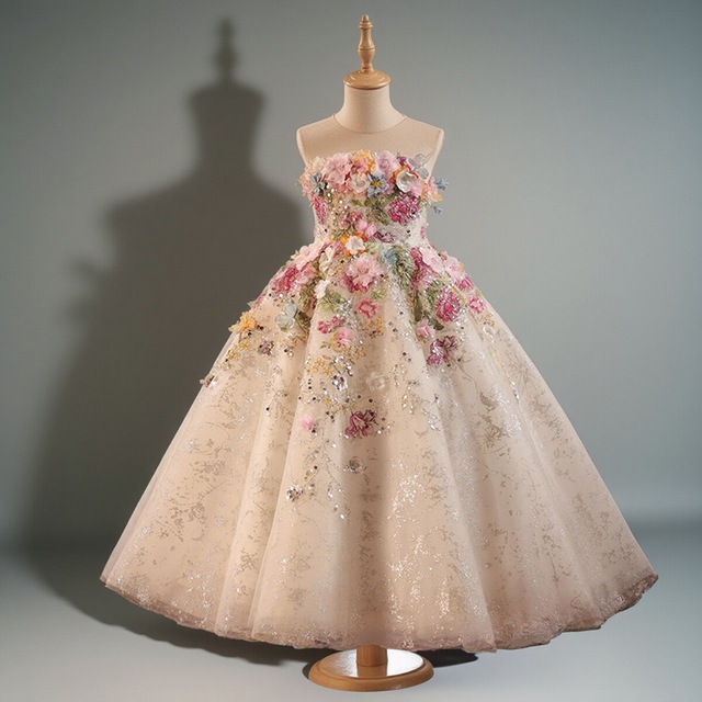 女童礼服高端法式森系花朵小主持人走秀钢琴演出服生日花童公主裙