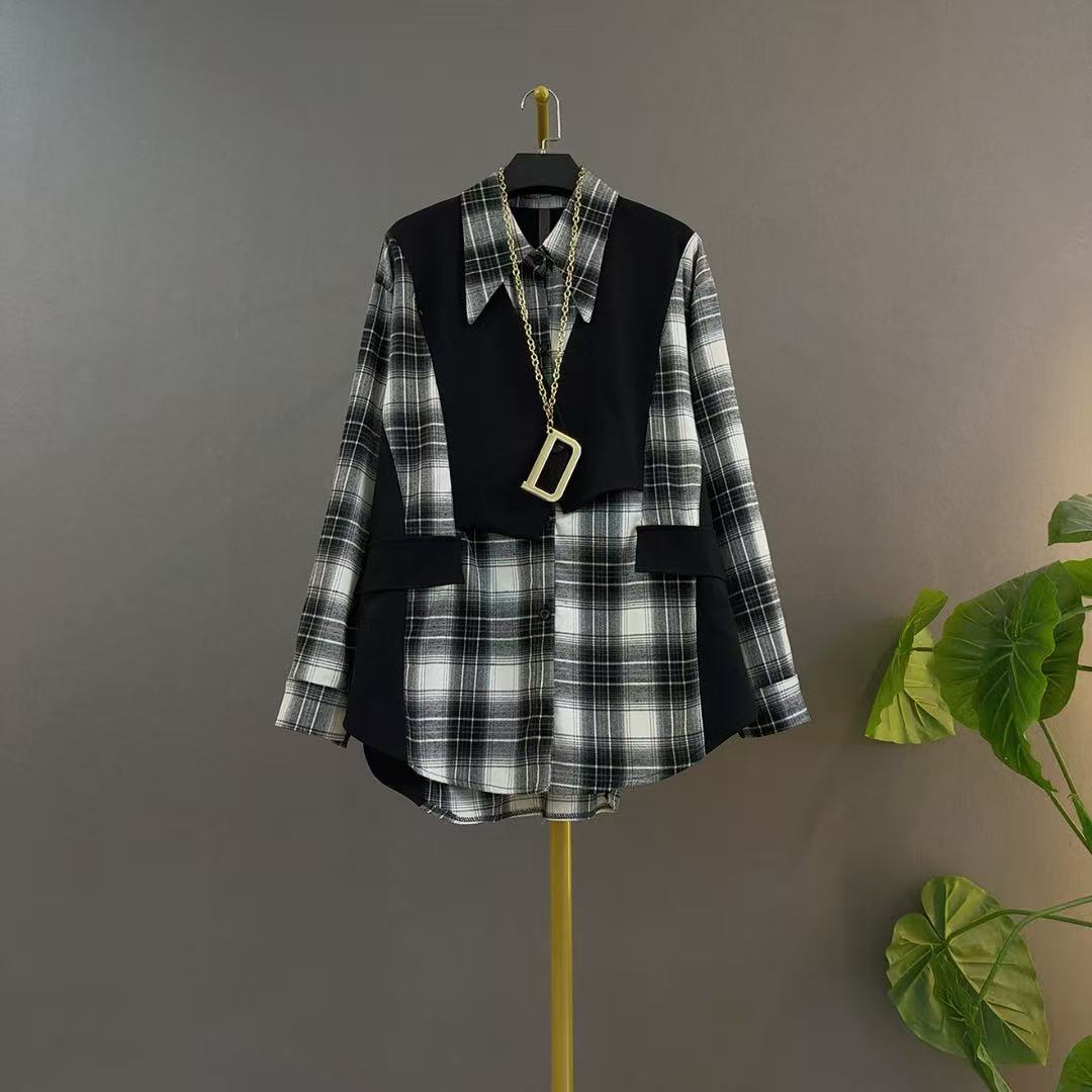 秋季中长款厚款长袖拼接衬衫韩版休闲气质大码设计时尚遮肉衬衫