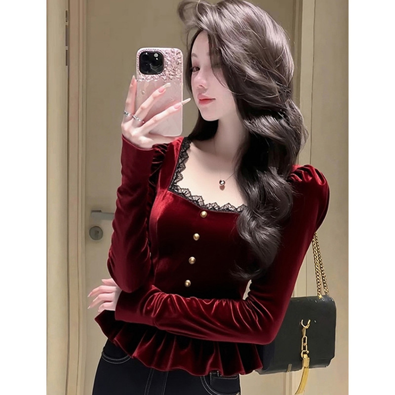 法式辣妹丝绒蕾丝方领泡泡袖衬衫女秋冬酒红色高级感气质别致上衣