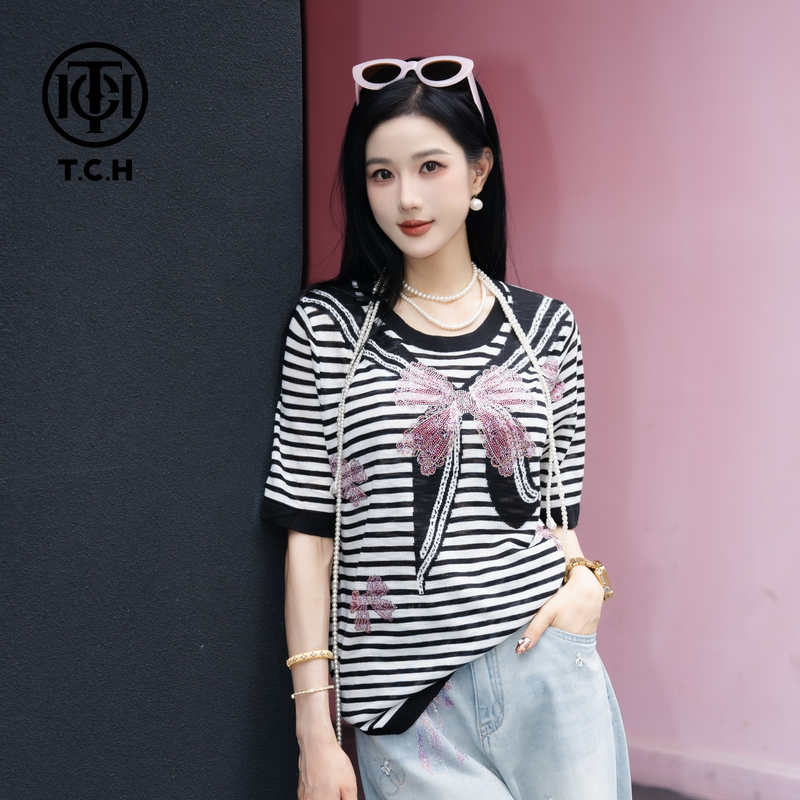 TCH烫钻工艺时尚休闲百搭蝴蝶结针织T恤女T75B09E5009轻奢tch
