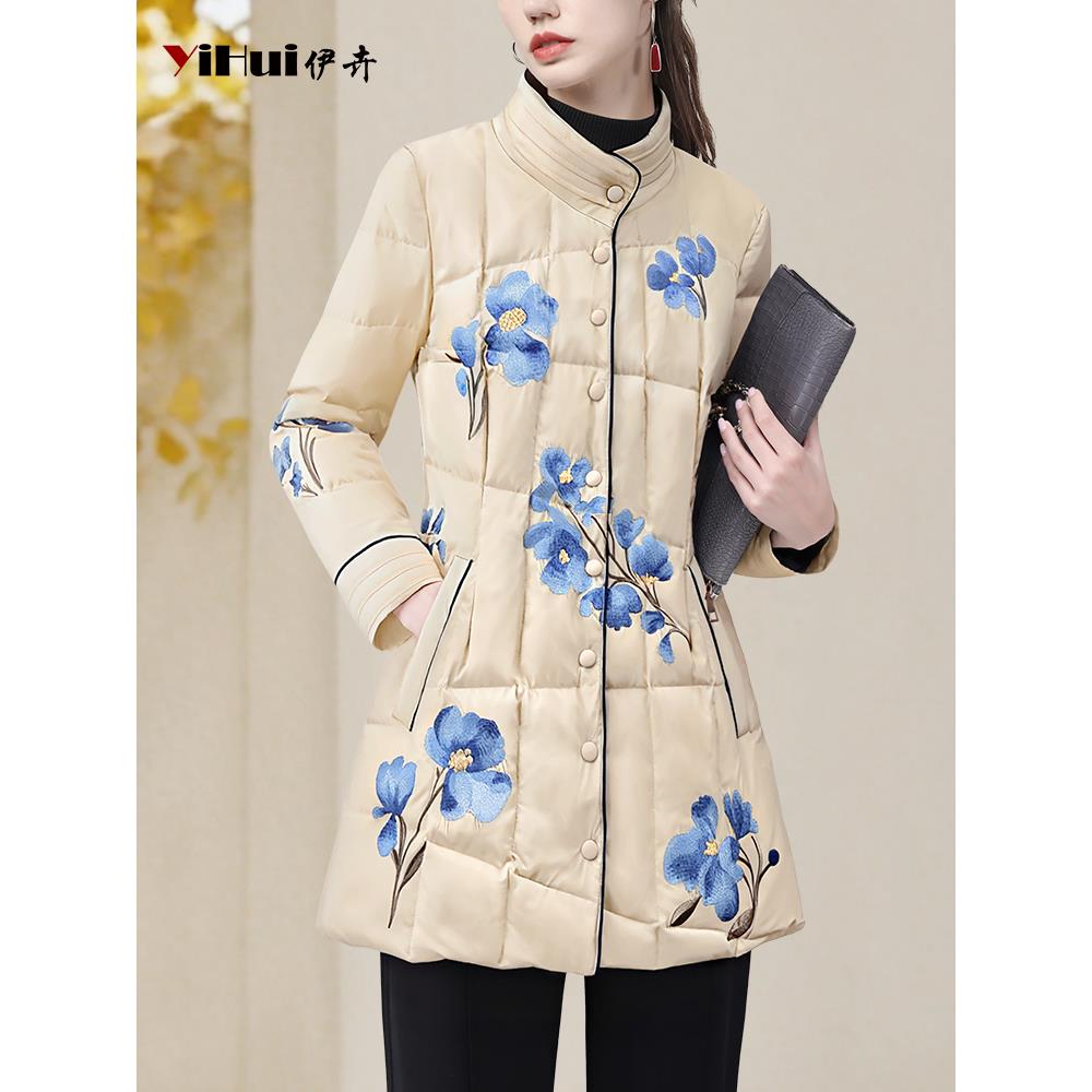 YIHUI伊卉羽绒服女冬季国风中长款立领显瘦保暖90白鸭绒WH257151