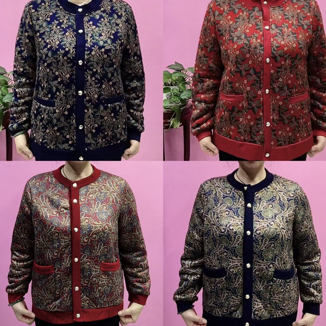 S 迎春花加绒中老年人保暖外套秋冬加绒加厚妈妈装圆领奶奶装