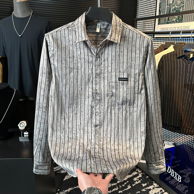 DBXB潮牌日系复古条纹长袖衬衫男士秋季时尚潮流百搭休闲宽松衬衣