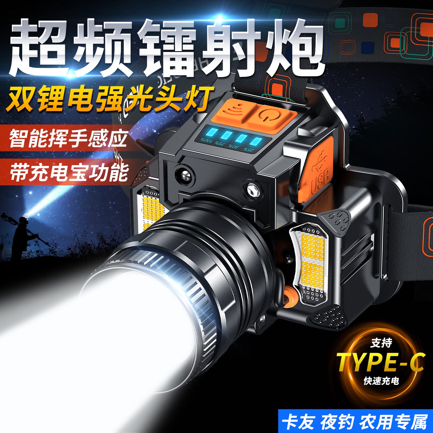 月光里强光照明超亮高续航多功能夜钓头灯警示应急感应灯