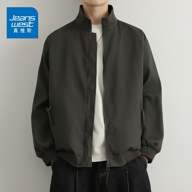 真维斯日系秋季百搭休闲竖条纹男士立领外套美式夹克复古潮流潮牌