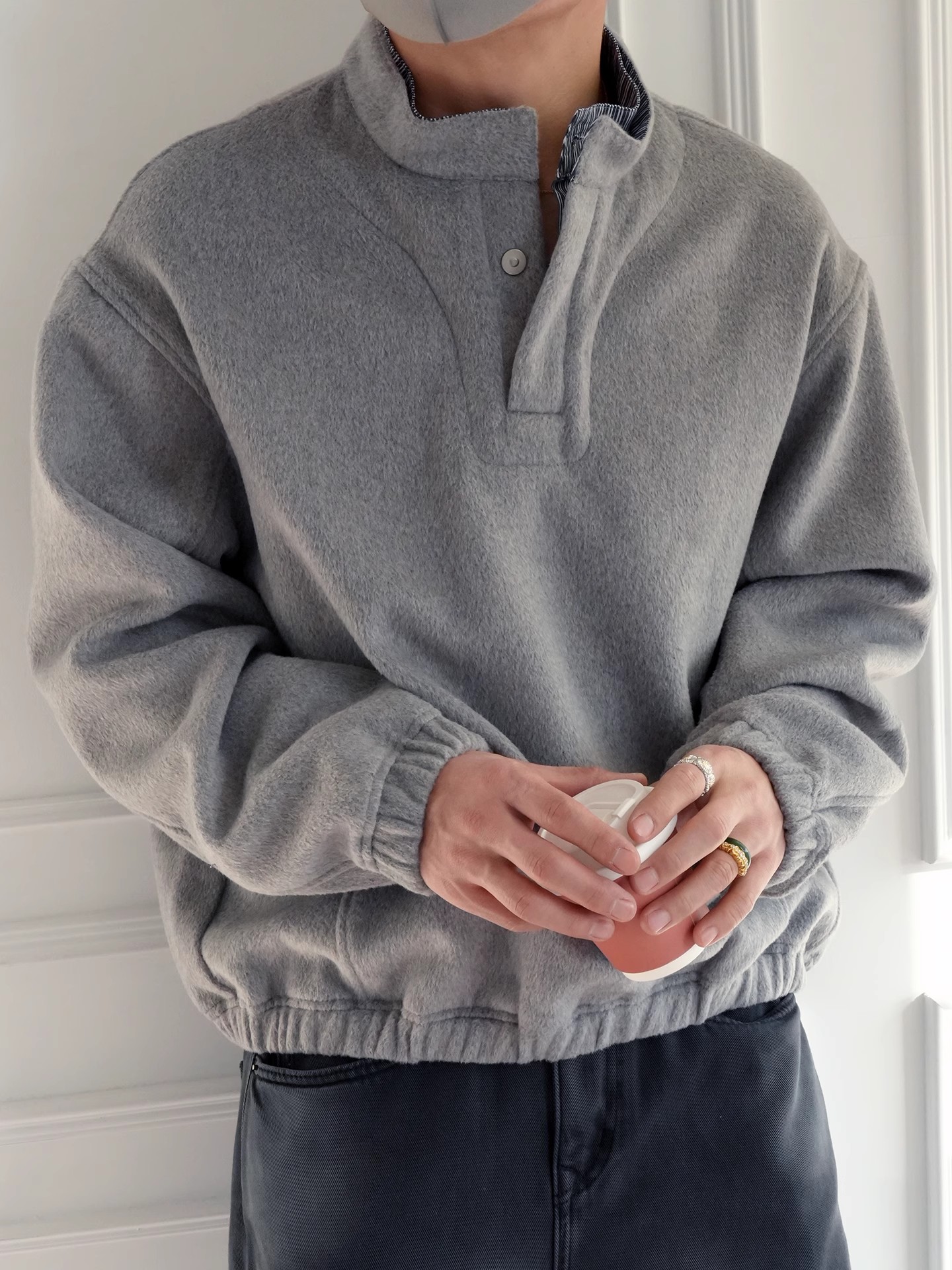 港风潮牌磁吸扣拼接立领套头卫衣男秋冬时尚情侣款半开领保暖外套