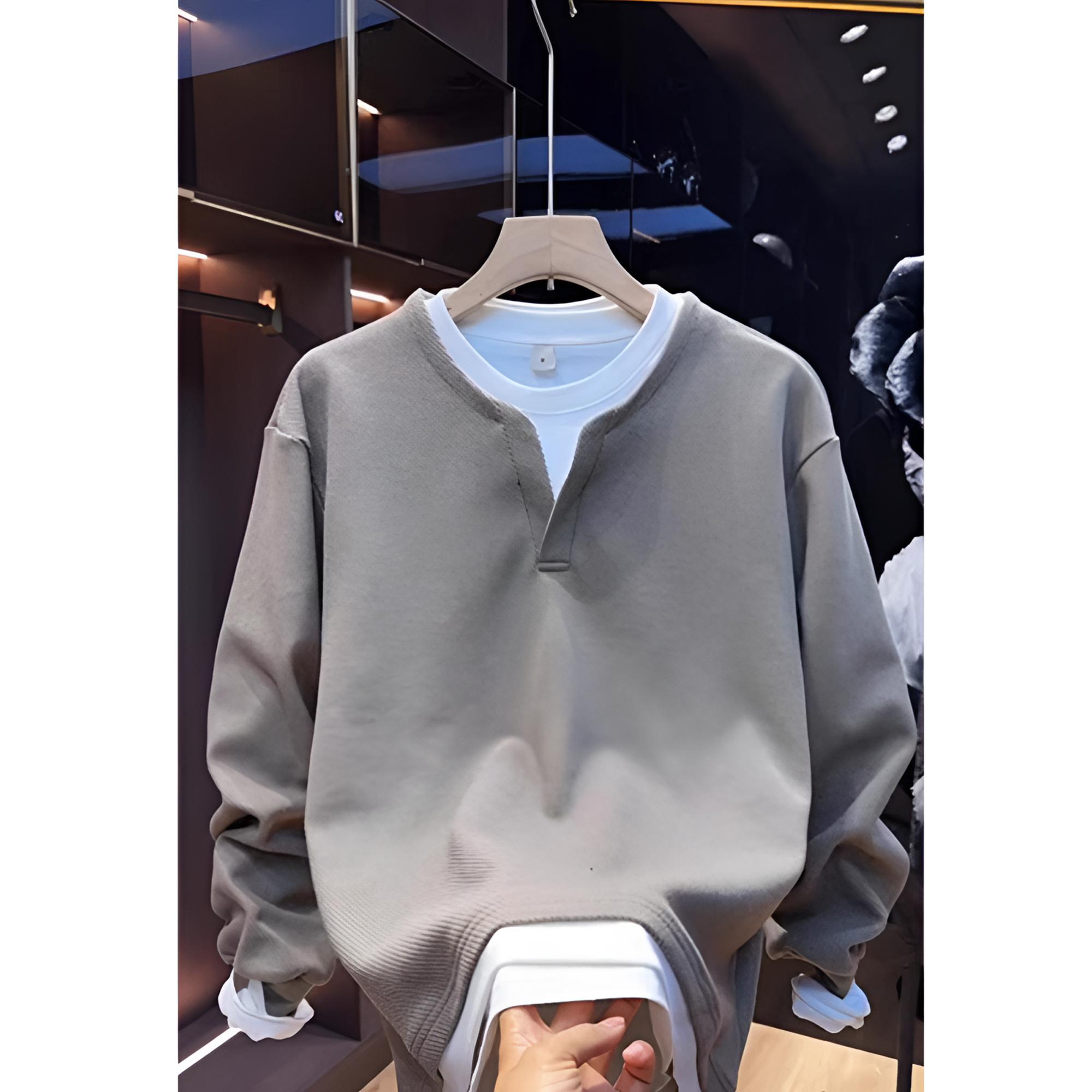 秋冬新款加绒假两件V领卫衣男士高档简约宽松百搭休闲上衣打底衫