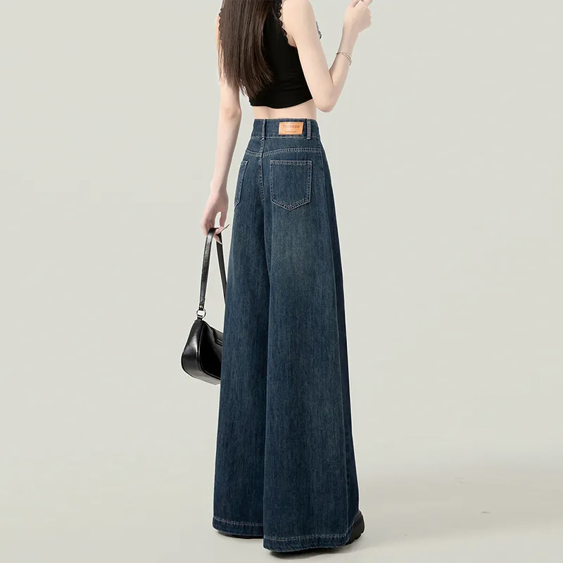 深色慵懒阔腿牛仔裤女春季新款复古高腰直筒宽松显瘦阔腿拖地裤子