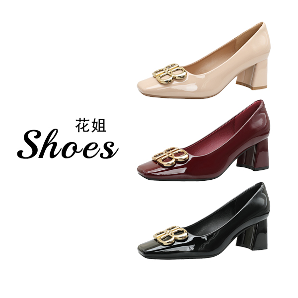 法式金属扣粗跟不累脚高跟鞋女2025新款气质方头漆皮浅口单鞋