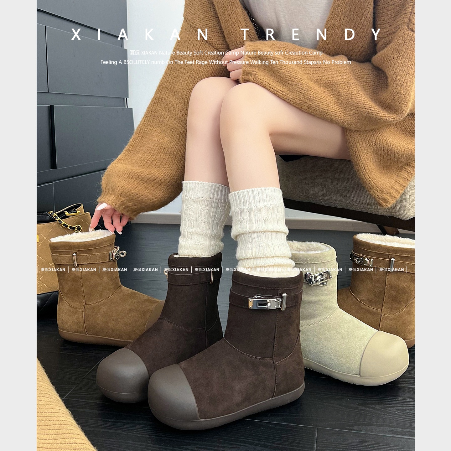 H家搭扣内增高5cm休闲雪地靴女短筒秋冬百搭加绒棉靴