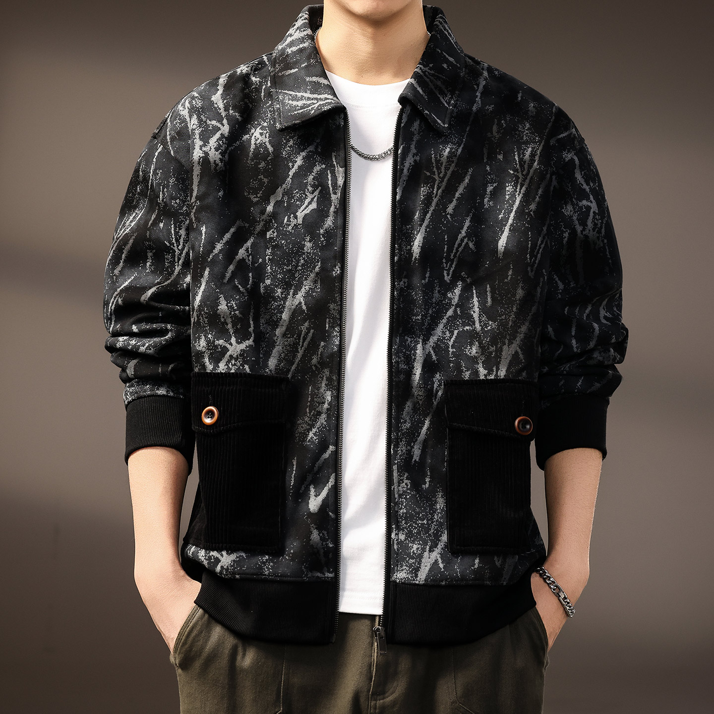 高端美式发泡印花夹克外套男2025秋季新款潮牌宽松设计感开衫卫衣