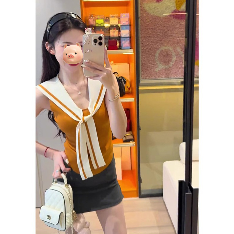 学院风撞色海军领橘色冰丝针织背心女夏外穿修身显瘦短款无袖上衣