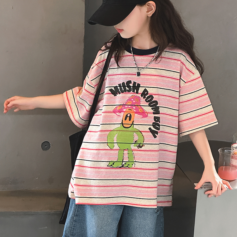 高品质女童韩系夏季卡通ins条纹T恤女孩中大儿童纯棉宽松洋气半袖
