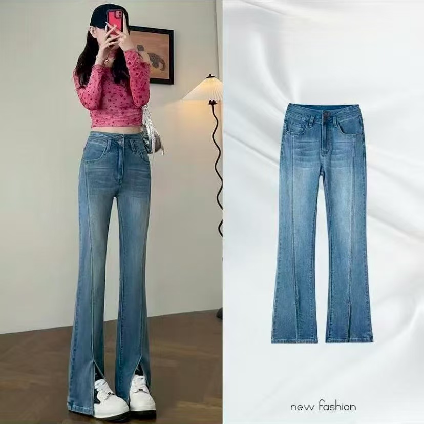 7766【裤长100】牛仔裤女2025春秋款高腰开叉显瘦垂顺修身直筒裤