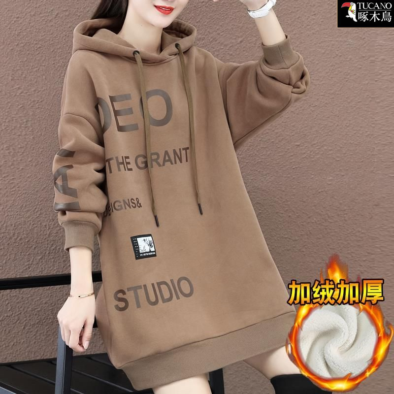 啄木鸟中长款冬季加绒加厚连帽卫衣2025年新款韩版百搭印花上衣女