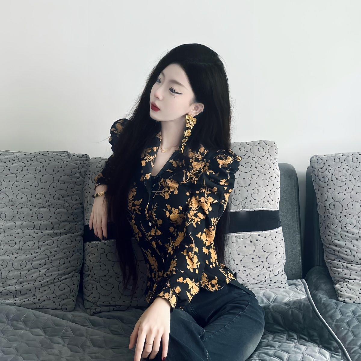 哥弟阿玛施正港风复古花衬衫秋冬高级感设计碎花衬衣女气质 西装