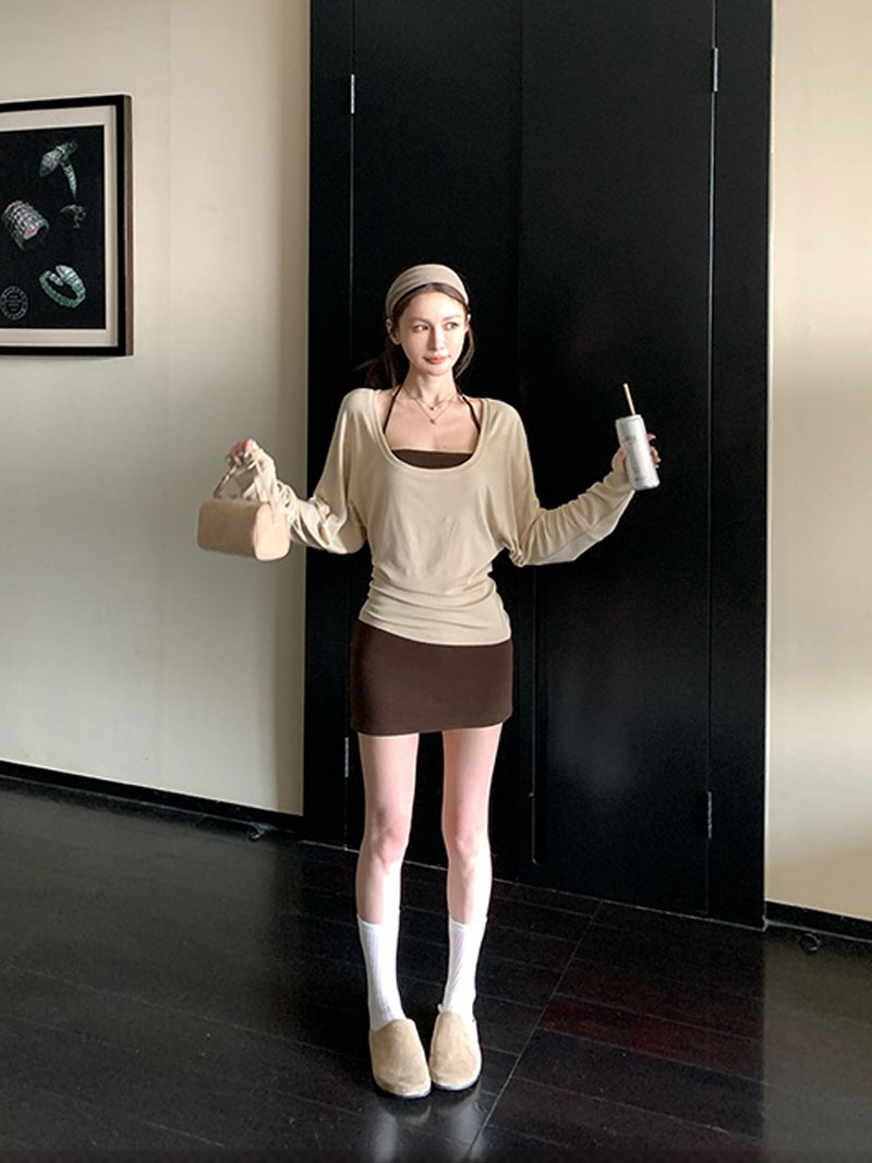 秋季长袖T恤挂脖背心纯欲性感气质套装女包臀短裙三件套显瘦辣妹