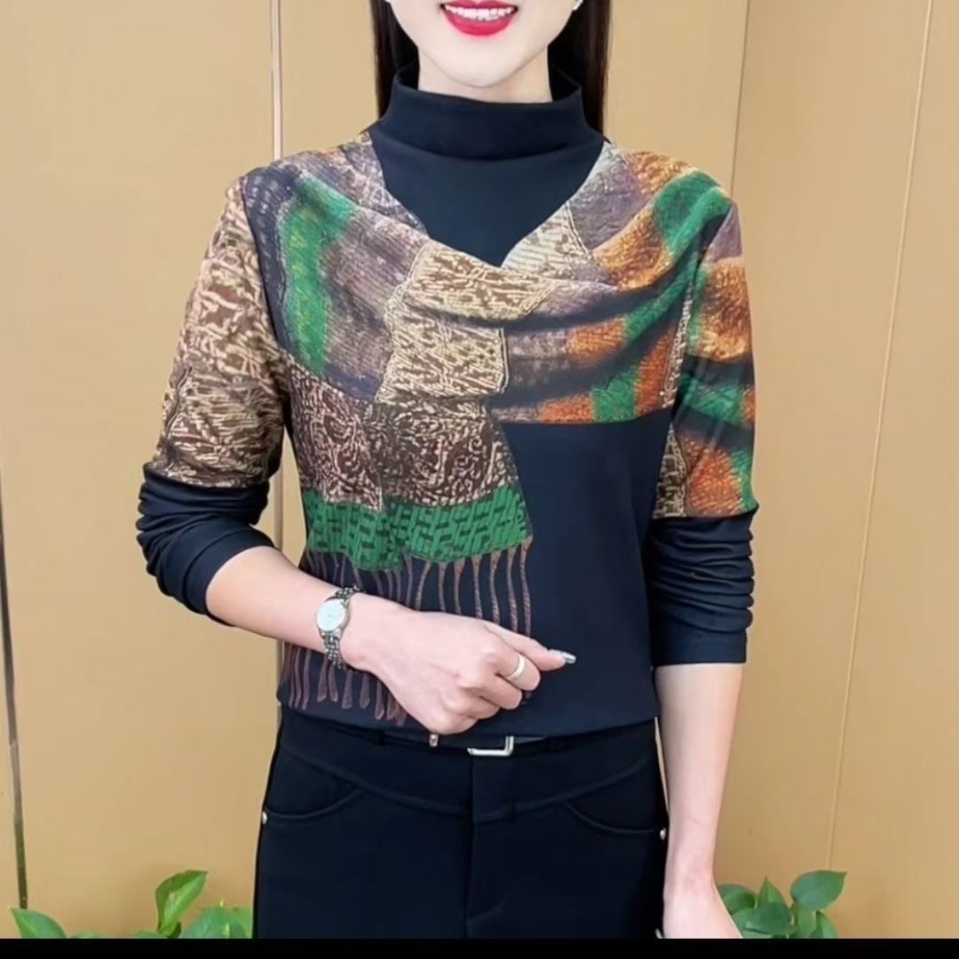 双面绒长袖t恤女印花冬季新款时尚气质百搭保暖打底衫遮肚子上衣