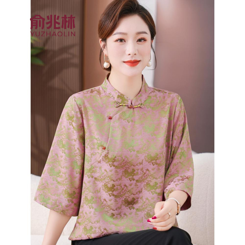俞兆林中老年旗袍领妈妈夏装仿香云纱上衣女T恤新中式杭州仿真丝