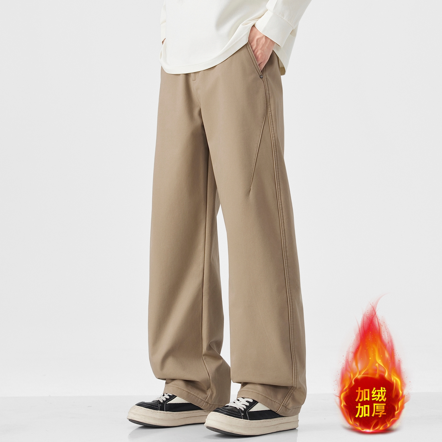 猫人纯棉男士加绒加厚休闲直筒裤爆款2025新款秋冬季保暖宽松长裤