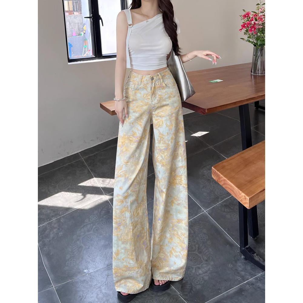 设计感复古扎染印花牛仔女夏季2025新款高腰显瘦独特设计裤子