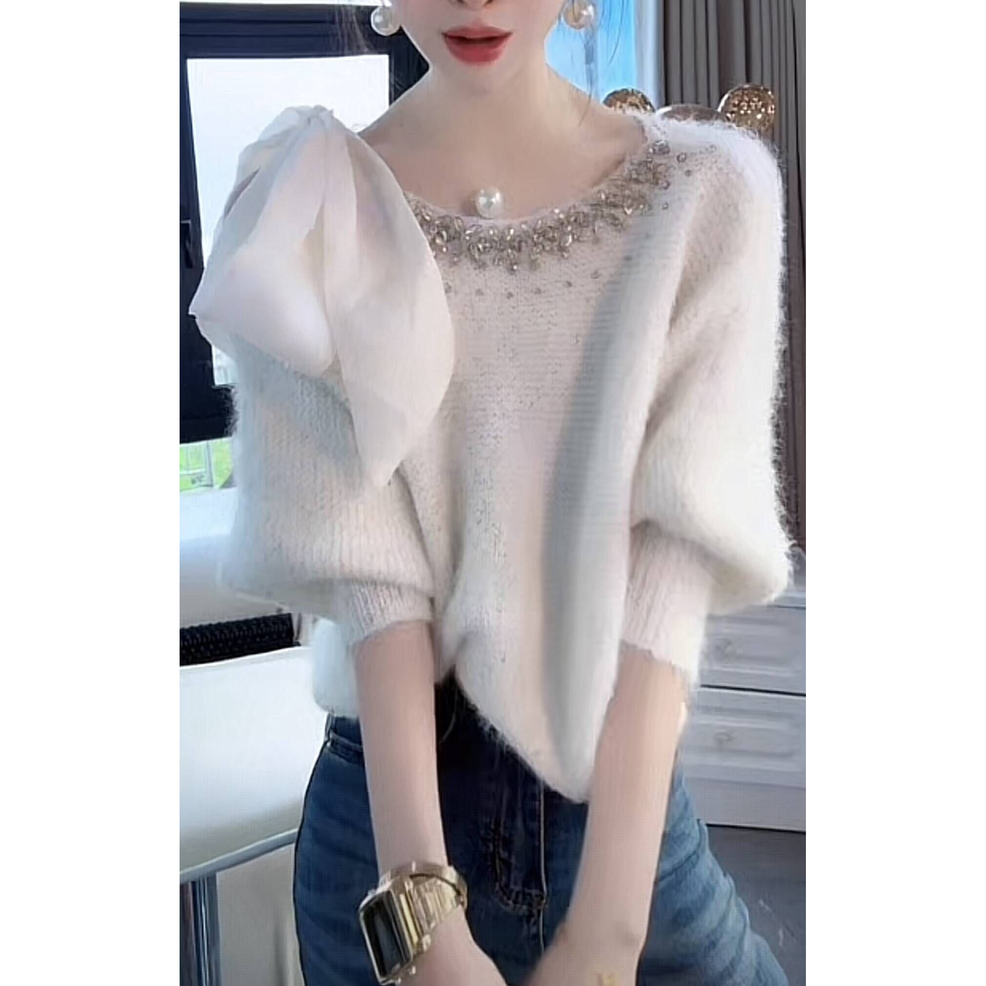 薇恩COCO新款重工镶钻时尚修身长袖针织毛衣潮流精致上衣