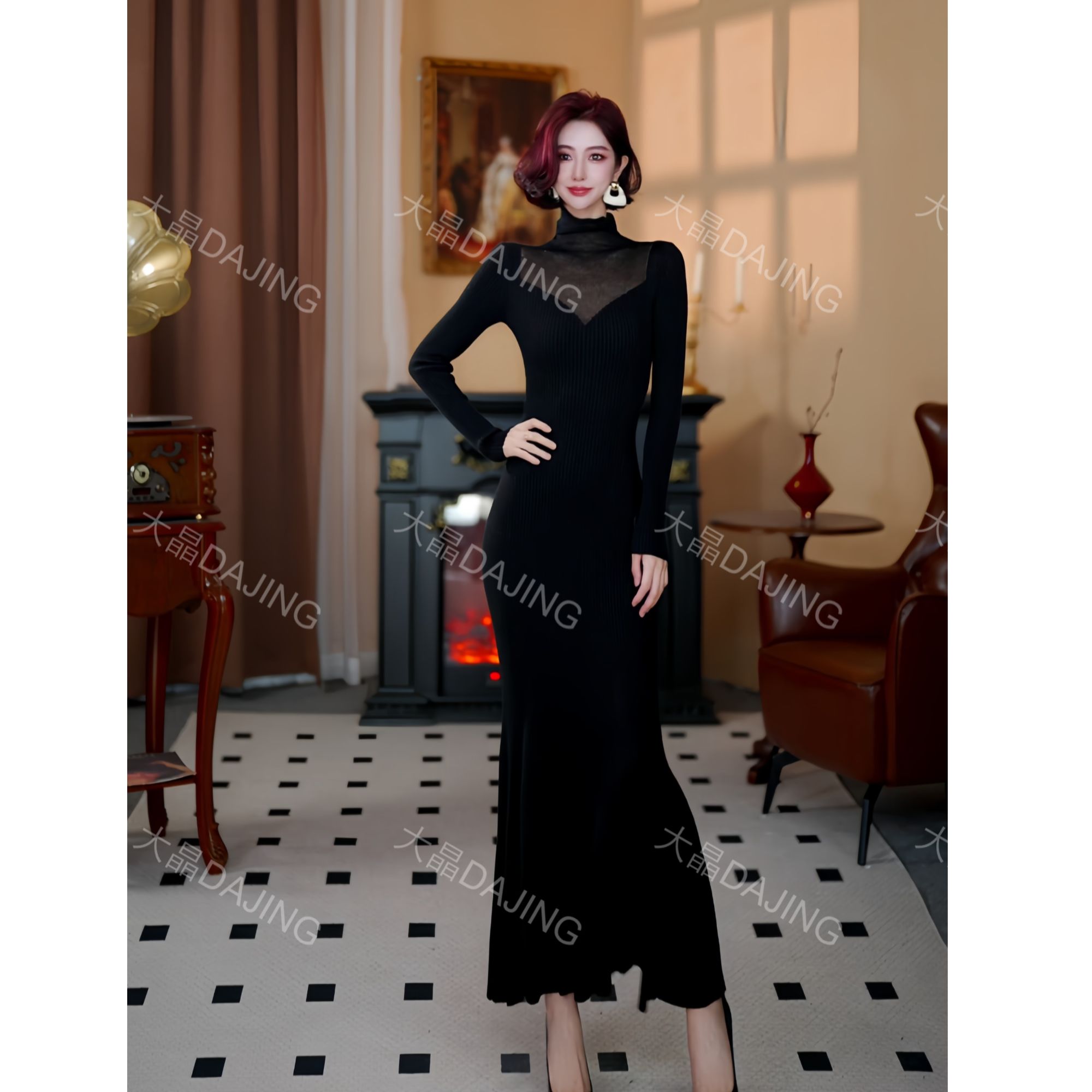 【大晶定制】“绛色涟漪”秋冬季新款绵羊毛坑条高领收腰连衣裙SDJ023