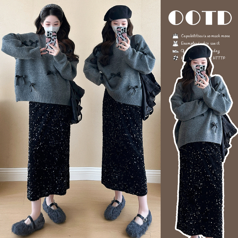 韩版时尚秋冬2025新款孕妇装洋气简约蝴蝶结毛衣亮片半身裙两件套