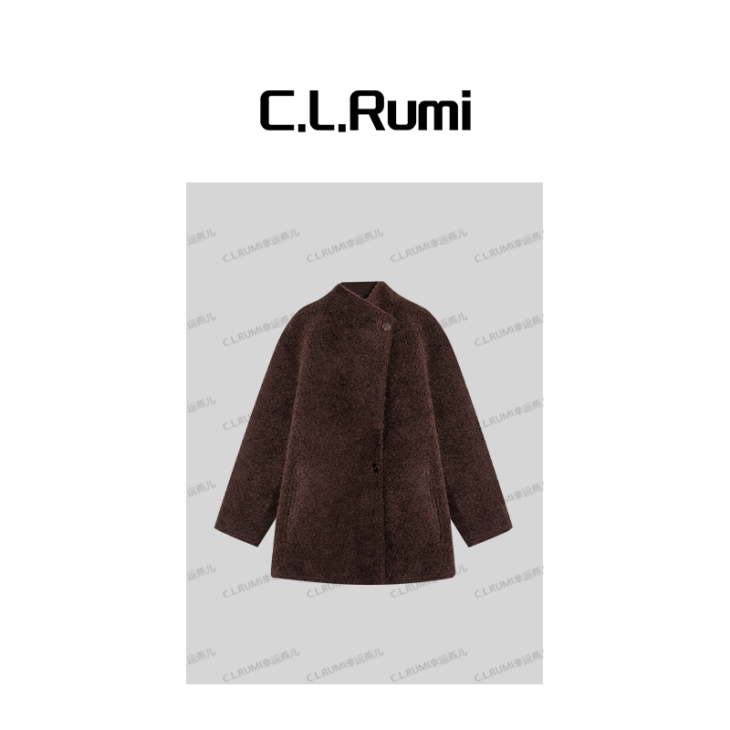 【Rumi精选】“深茶棕”秋冬短绒微卷羊毛外套宽松中长款大衣7212wt