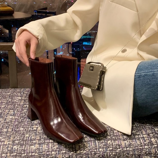 同款法式真皮牛皮酒红色高跟显瘦2025高级感精致洋气小短靴百搭