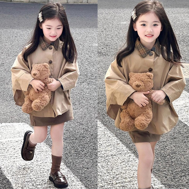 女童假两件短款风衣2025新款春秋季儿女童秋季韩版假两件套装